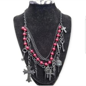 HOT TOPIC  BLACK & RED LAYERED GOTHIC VICTORIAN CHARM NECKLACE